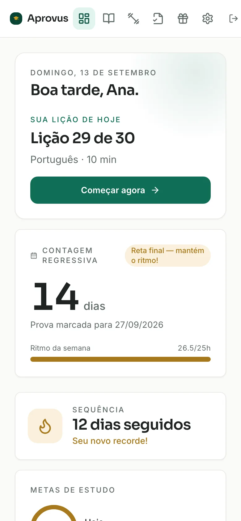 Painel do Aprovus mostrando a lição do dia, contagem regressiva de 14 dias para a prova, sequência de 12 dias seguidos de estudo e metas diária e semanal em 100%.