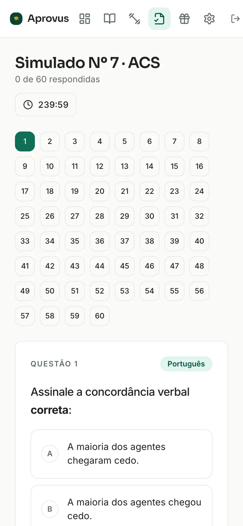 Simulado do Aprovus em andamento, com cronômetro de cerca de 4 horas, mapa de 60 questões e a primeira questão de português aberta.