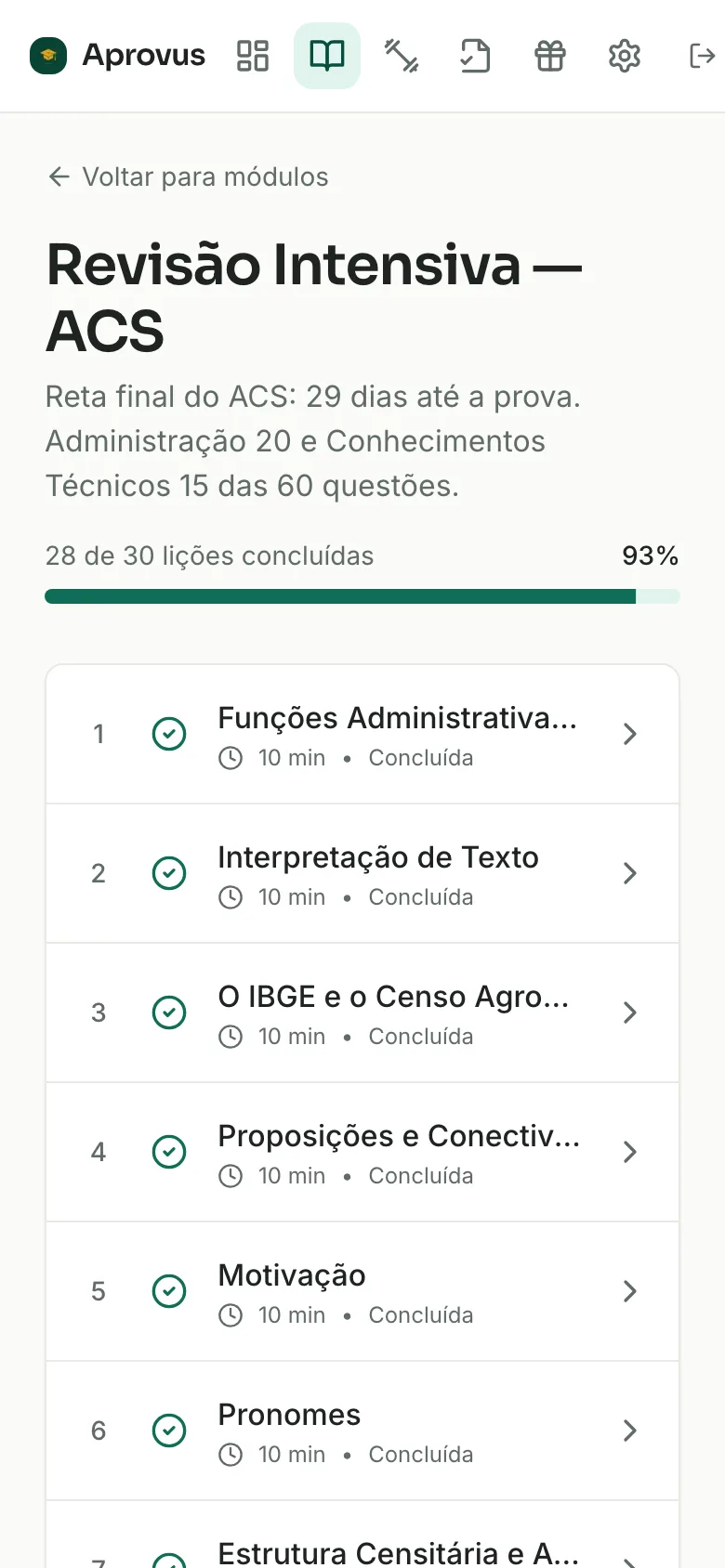 Trilha Revisão Intensiva do Aprovus com 28 de 30 lições concluídas (93%) e a lista completa dos temas da prova, cada um marcado como concluído.